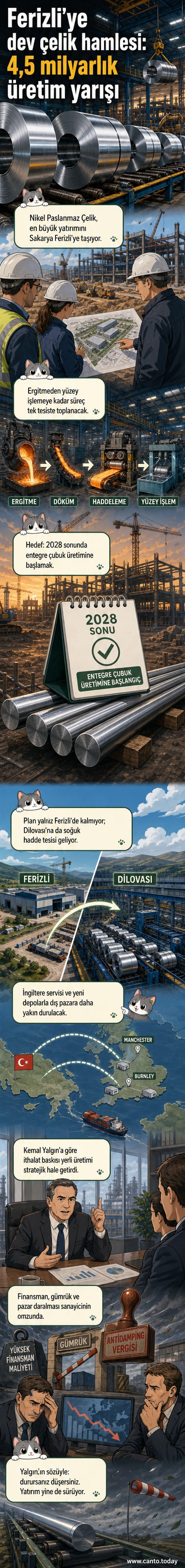 Ferizli'ye kurulacak entegre paslanmaz çelik üretim tesisinin sanatsal tasviri, fabrika binaları, erimiş metal akışı ve çalışan mühendisler görülüyor.