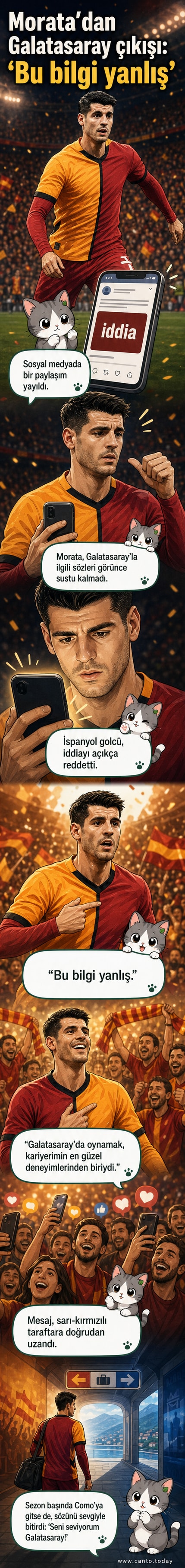 Alvaro Morata, Galatasaray formasıyla poz verirken, arka planda sosyal medya paylaşım ekranı görülüyor.