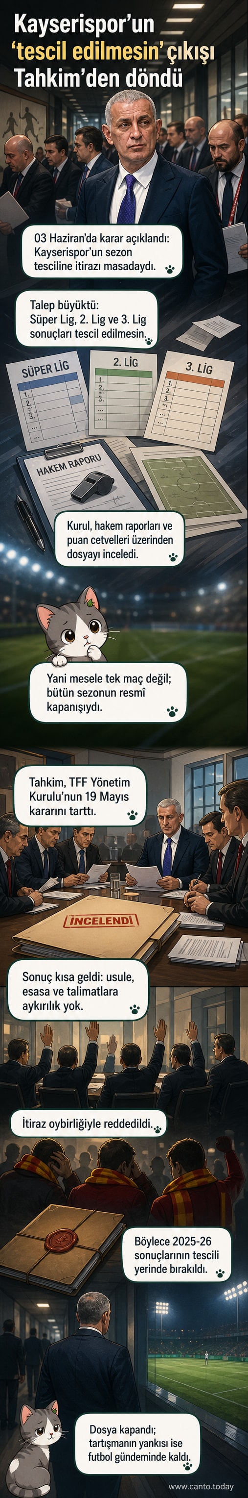 TFF logosu ve futbol sahası arka planda, bir elin elinde tuttuğu karar belgesi üzerine 'Tescil Reddedildi' yazısı.