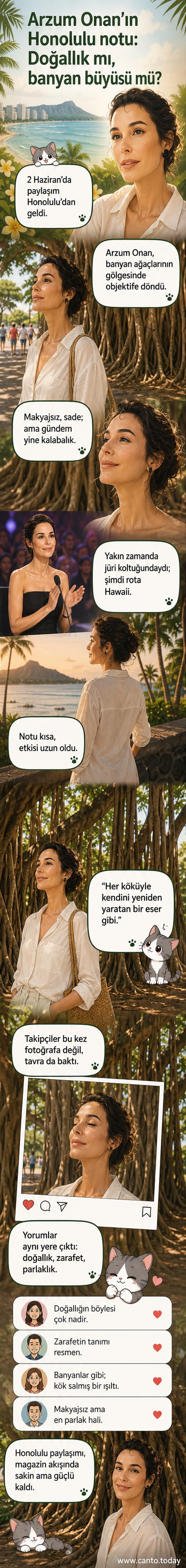 Arzum Onan, Hawaii'de banyan ağaçlarının altında makyajsız ve gülümseyerek poz veriyor.