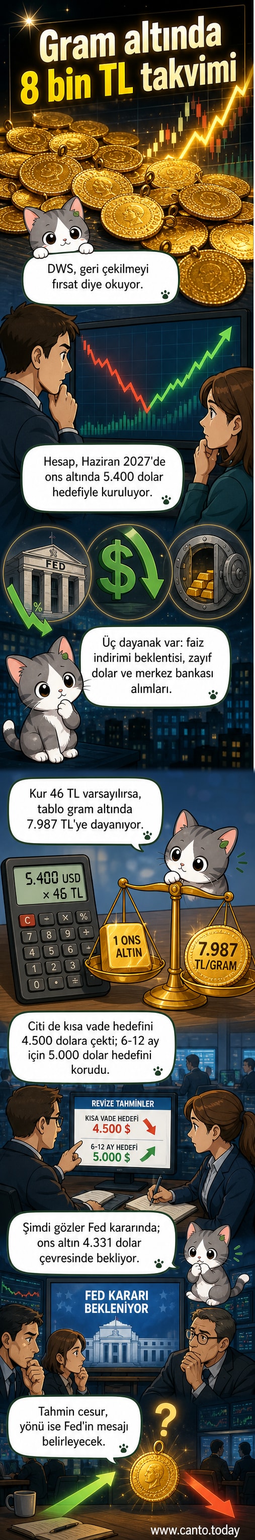 Altın çubukları ve yükselen grafiklerle birlikte DWS logosu ve 2027 yılında ons altının 5.400 dolara ulaşacağı tahmini vurgulanıyor.