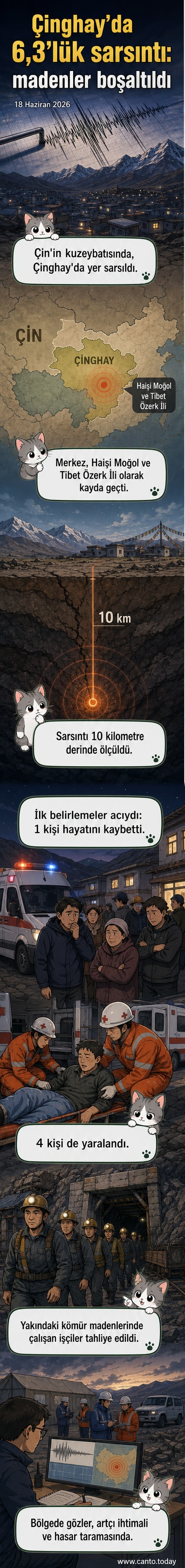 Çin'in Çinghay eyaletinde meydana gelen 6,3 büyüklüğündeki depremin harita ve tahliye operasyonu gösterimi.