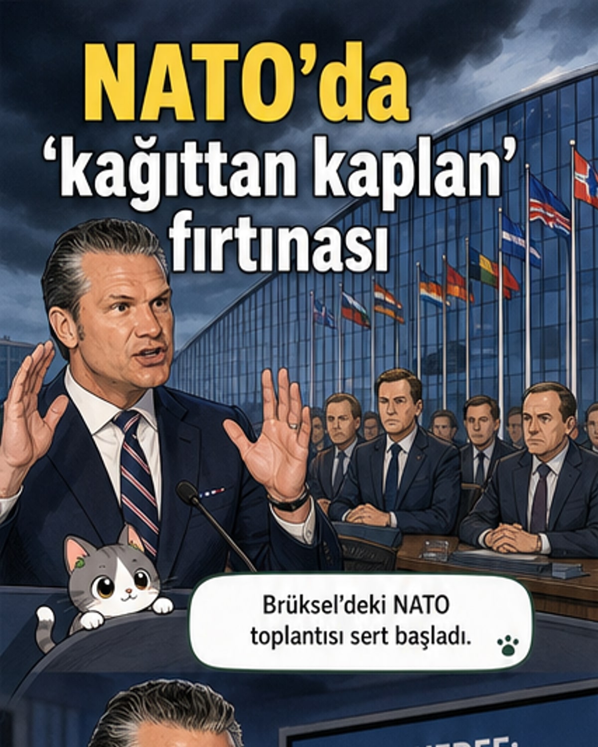 NATO Genel Sekreteri Mark Rutte ve ABD Savaş Bakanı Pete Hegseth arasında gergin bir görüşme sırasında çekilen resim, arka planda ABD ve Avrupa bayraklarıyla birlikte.