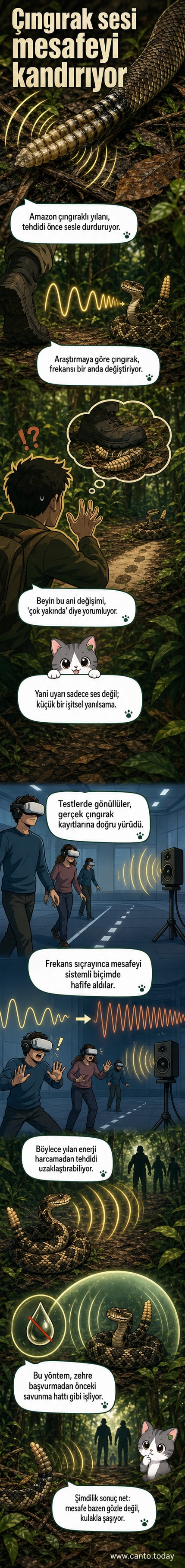 Bir çıngıraklı yılanın vücut dilini ve çıngırağının ses dalgalarını gösteren bilimsel görsel, arka planda orman ortamı.