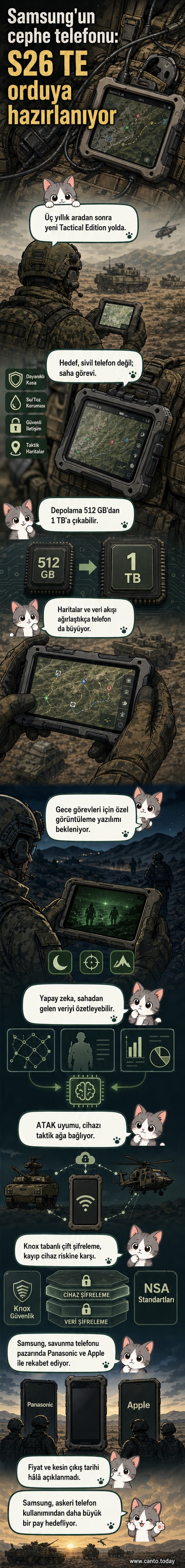 Samsung Galaxy S26 Tactical Edition, askeri kılıfla birlikte gece görüş modunda çalışan bir askeri personel tarafından kullanılıyor gibi gösterilen stilize bir görsel.