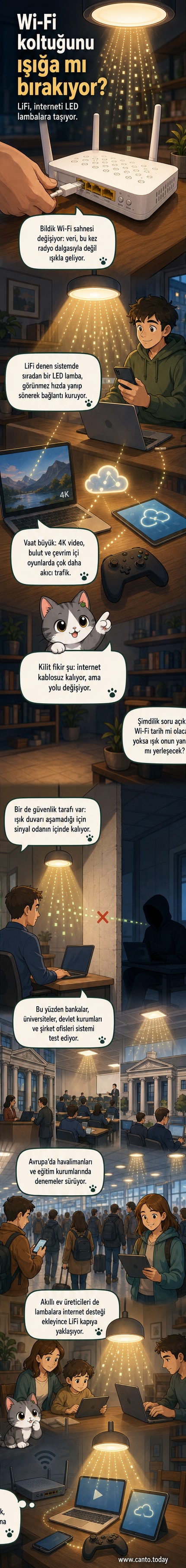 Bir odada asılı LED lambadan yayılan ışınlarla internete bağlanan cihazları gösteren dijital bir illüstrasyon. Lamba, kablosuz bağlantı simgesiyle çevrelenmiş.