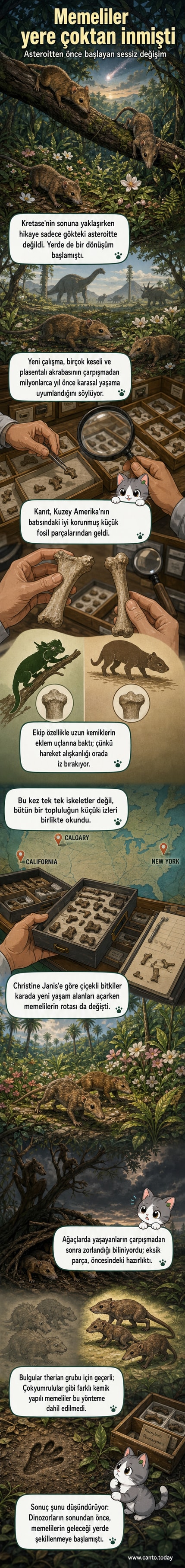 Sanatçı James Brown'ın çalışması: Geç Jura döneminde yaşayan Dryolestes adlı memeli soyundan gelen bir therian memeli, ağaçlardan inerek yerde yürüyor.