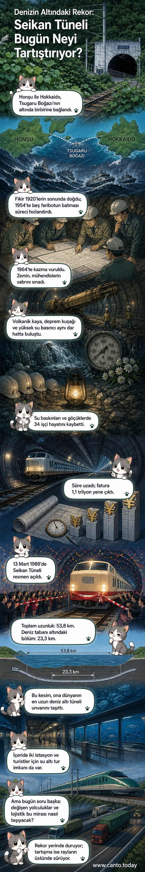 Denizin altından uzanan, iki adayı birleştiren uzun bir tünelin görsel temsili, arka planda dağlar ve deniz manzarası