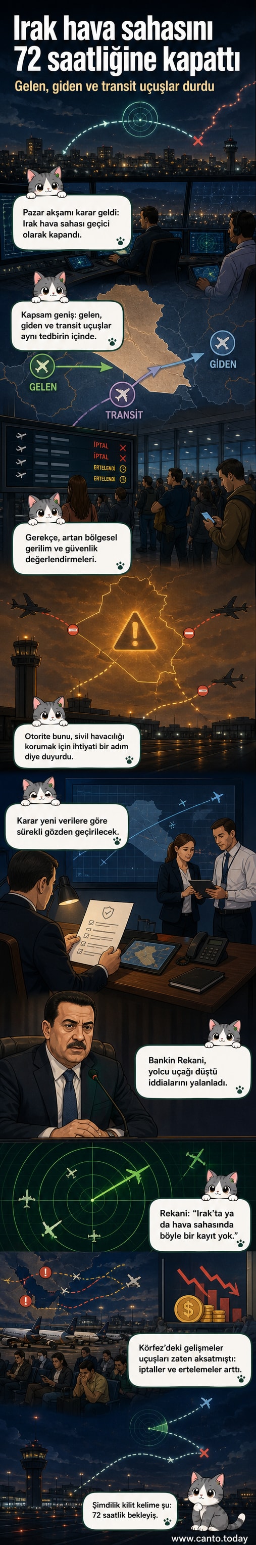 Irak haritası üzerinde kırmızı çizgilerle kapatılan hava sahası ve uçuş emniyeti ikazları gösteriliyor.