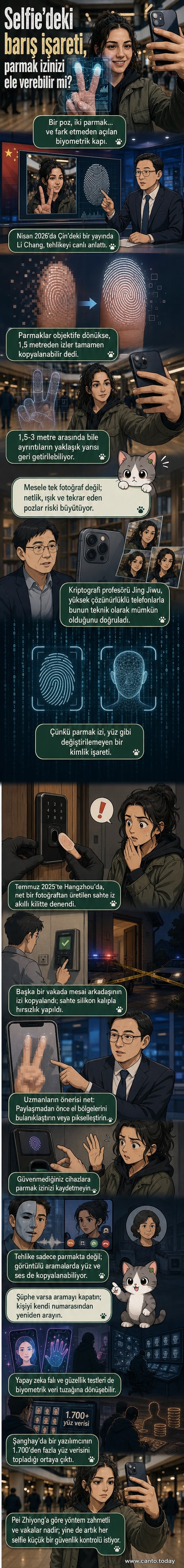 Bir kişinin makas işareti yaptığı selfie, arka planda parmak izinin dijital olarak kopyalandığını gösteren bir teknoloji görseli.
