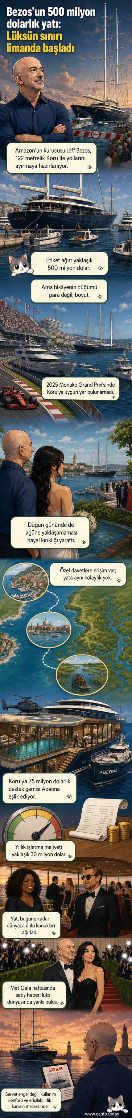 Jeff Bezos'un 122 metrelik lüks yatı Koru, açık denizde yelken açmış, arkasında yardımcı gemi Abeona görülüyor.