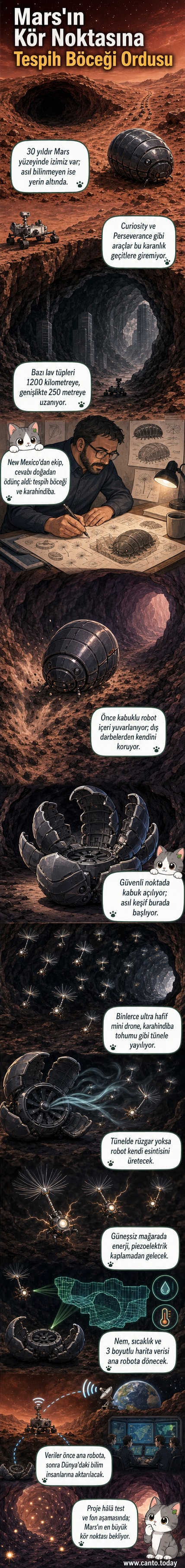 Bir ana robot, Mars'ın karanlık lav tüneline inerken, etrafına karahindiba tohumu gibi mikro dronlar saçıyor.