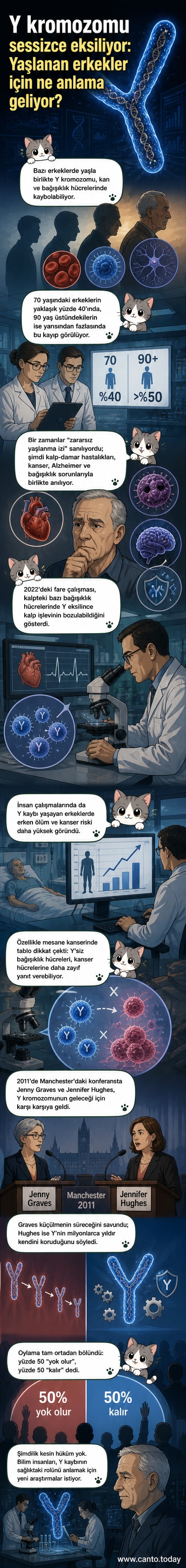 Erkek hücrelerinde yaşla birlikte küçülen Y kromozomunun görsel temsili, sağda genç bir erkeğin hücre yapısı, solda ise yaşlı bir erkeğin Y kromozomu kaybı gösteriliyor.