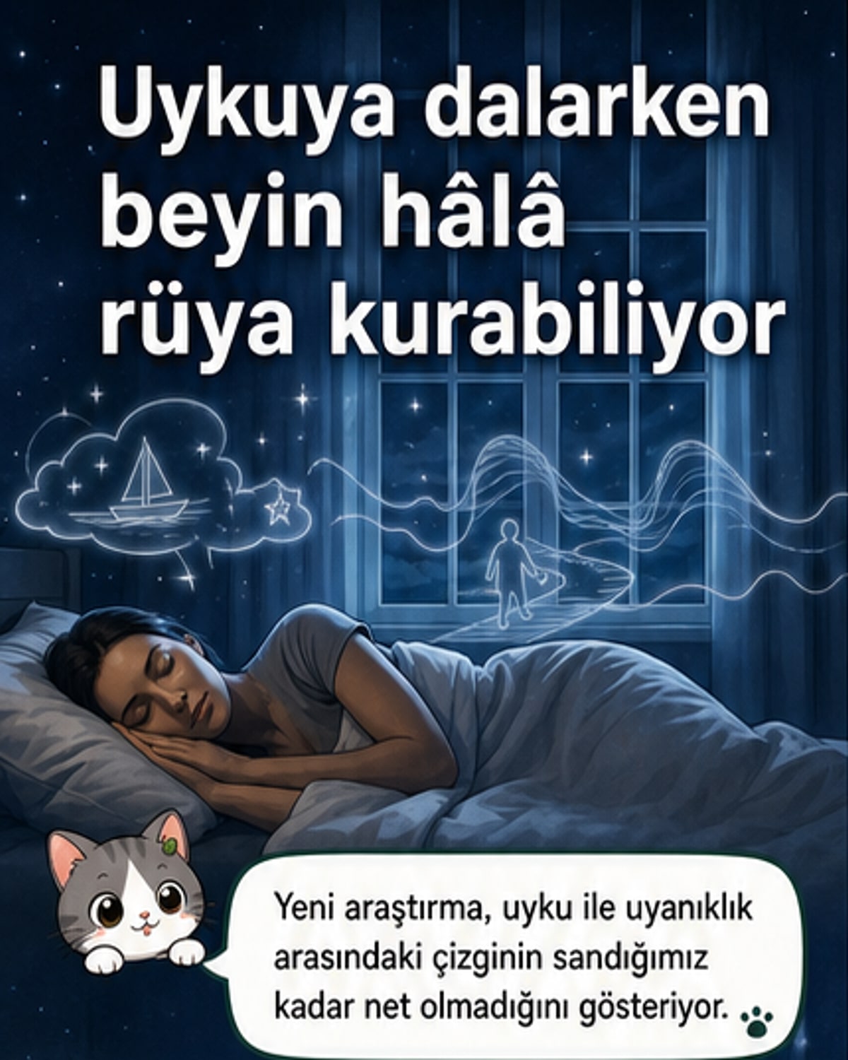 Bir kişinin uykuya dalma anında beynindeki aktiviteyi gösteren sanatsal bir görsel, EEG dalgaları ve rüya benzeri görüntülerle birlikte.