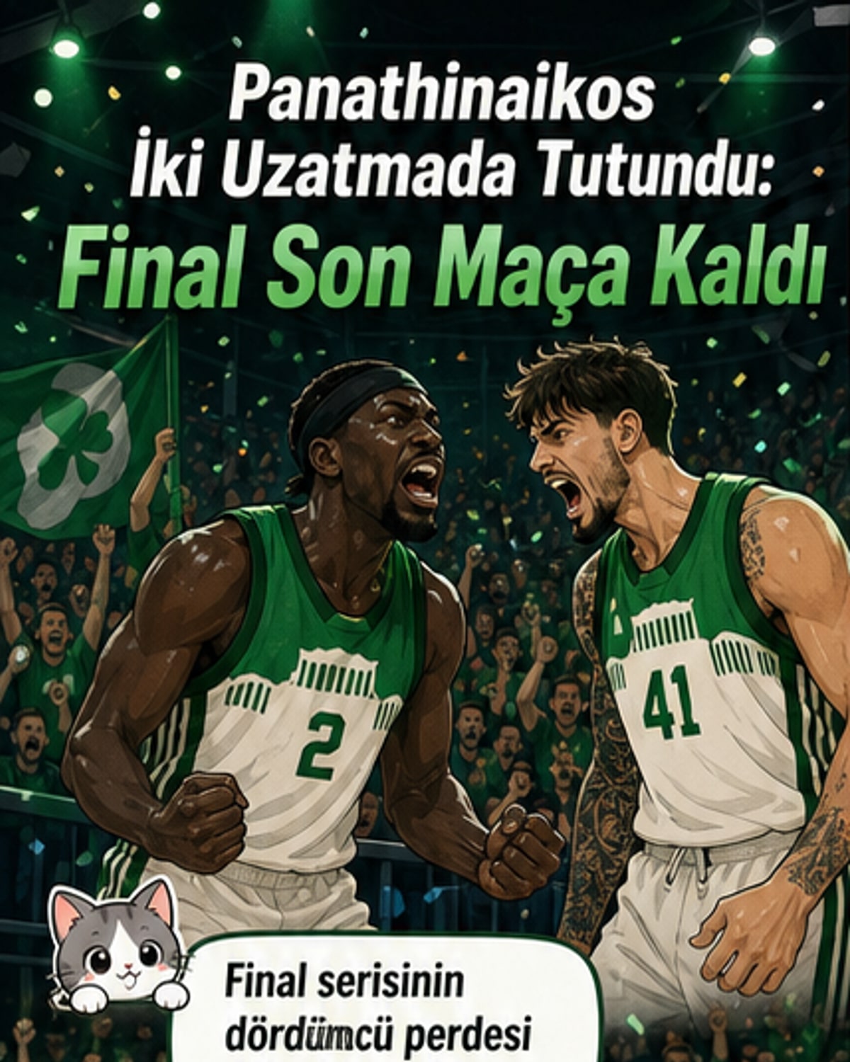 Panathinaikos ve Olympiakos arasında oynanan final maçında, iki uzatma periyodu sonrası sahada kutlamalar yaşanıyor.