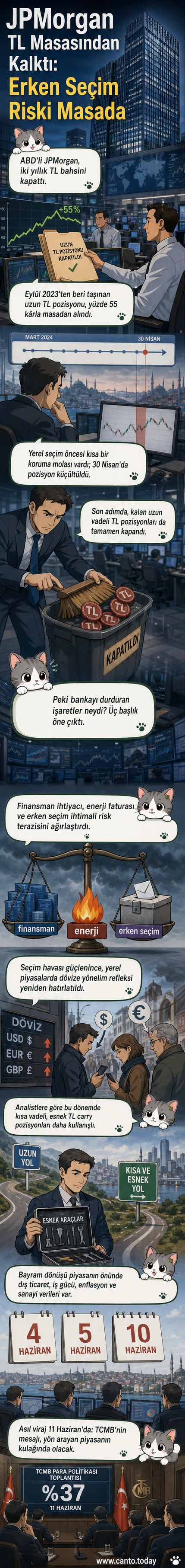 JPMorgan'ın Türkiye'deki TL pozisyonlarını kapatma kararı ile ilgili görsel bir analiz, bayraklar, grafikler ve para sembolleriyle destekleniyor.