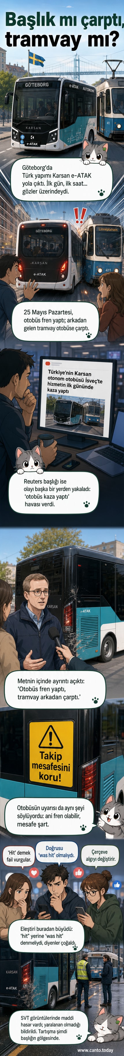 Göteborg sokaklarında duran Karsan e-ATAK otonom otobüsünün arka kısmında hasar var, arkada tramvay görülüyor.