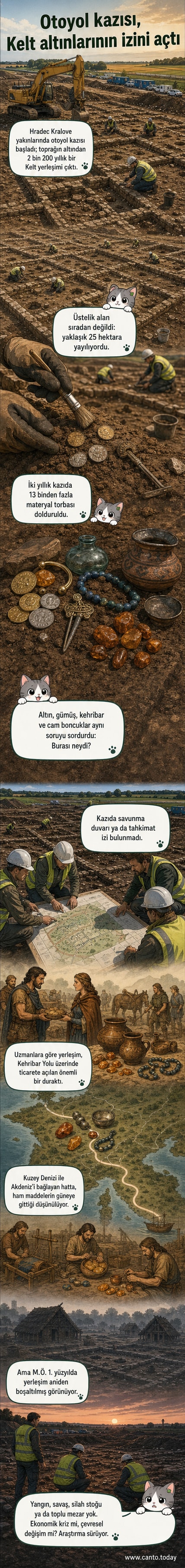 Arkeologlar, yeşil bir tarım arazisinde kazı yapıyor; ön planda topraktan çıkan altın sikkeler ve seramik parçaları görünüyor.