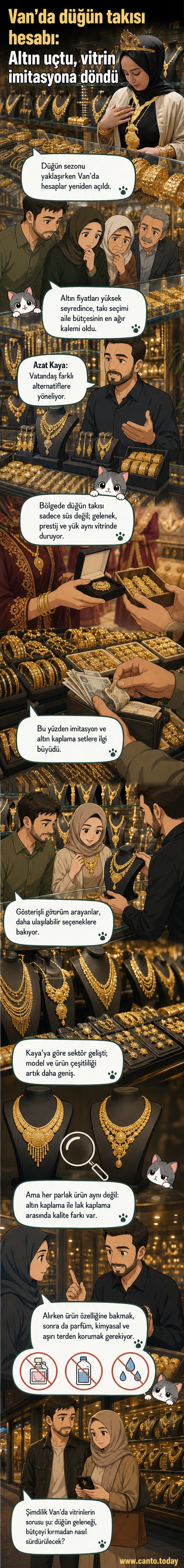 Van'da bir düğün hazırlığı yapan genç kadın, imitasyon takı setini incelemektedir. Arkada kuyumcu vitrini ve çeşitli takılar görünüyor.