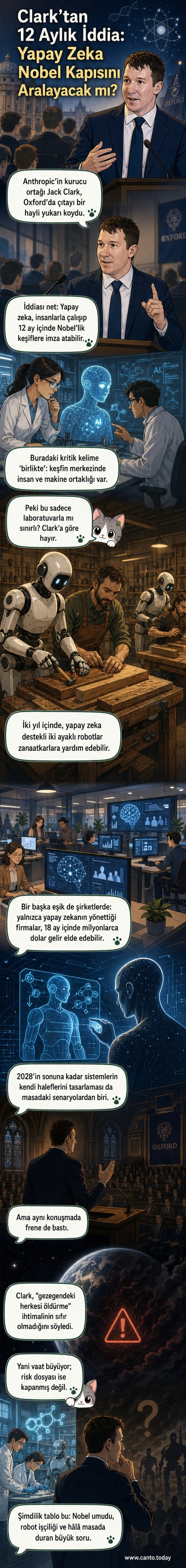 Anthropic'in kurucu ortağı Jack Clark, yapay zekâ destekli keşiflerin Nobel ödülü kazanabileceğini anlatıyor. Görselde bir laboratuvarda çalışan robotlar ve bilim insanları, arka planda ise Nobel madalyası simgesi yer alıyor.