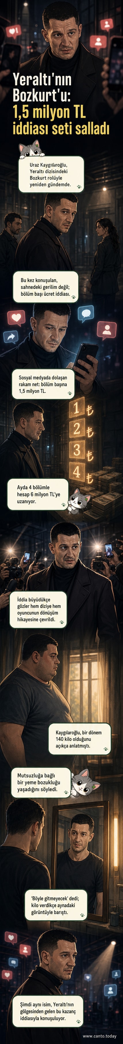 Uraz Kaygılaroğlu, Yeraltı dizisindeki Bozkurt karakteriyle tanınan bir dizi oyuncusunun portresi. Arka planda dizi sahnesi detayları var.