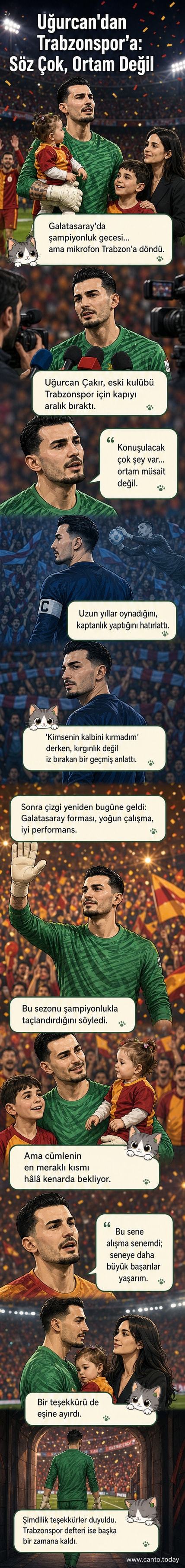 Uğurcan Çakır, Galatasaray formasıyla şampiyonluk kupasını kaldırırken, arka planda Trabzonspor formasıyla oynadığı anlar yer alıyor.