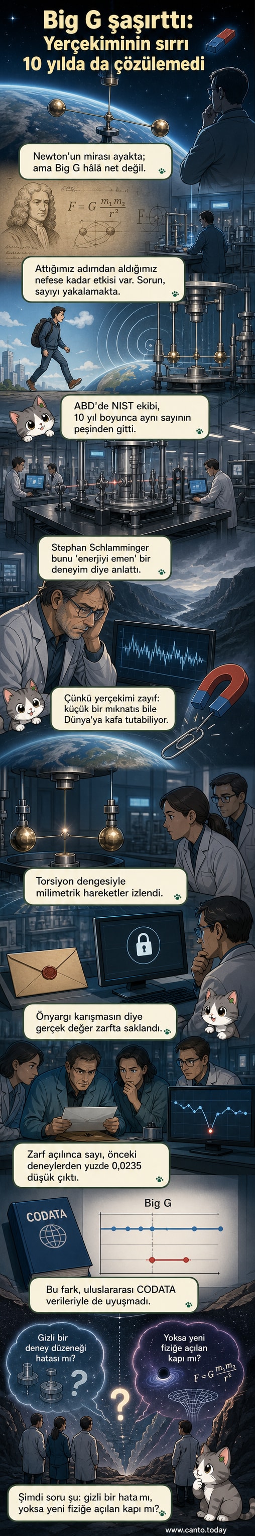 Bir laboratuvarda hassas bir deney düzeneği üzerinde çalışan bilim insanları, yerçekimi sabitini ölçmeye çalışıyor. Arkada karanlık bir evren görseli yer alıyor.