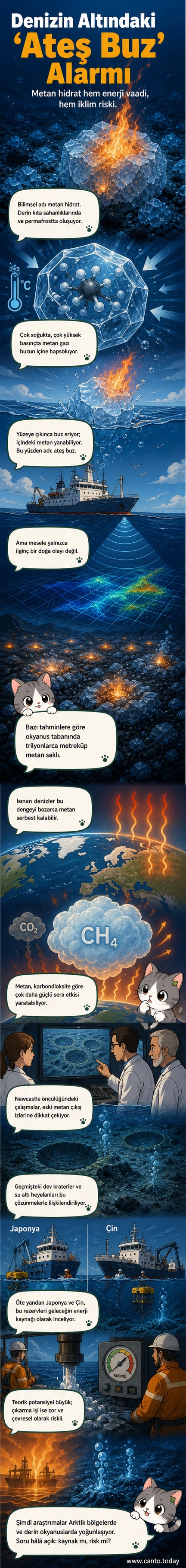 Okyanus tabanında kristal yapılı 'yanan buz' olarak bilinen metan hidratı gösteren görsel, içinde hapsedilmiş metan gazı ve buzun erimesiyle salınan alevi betimler.