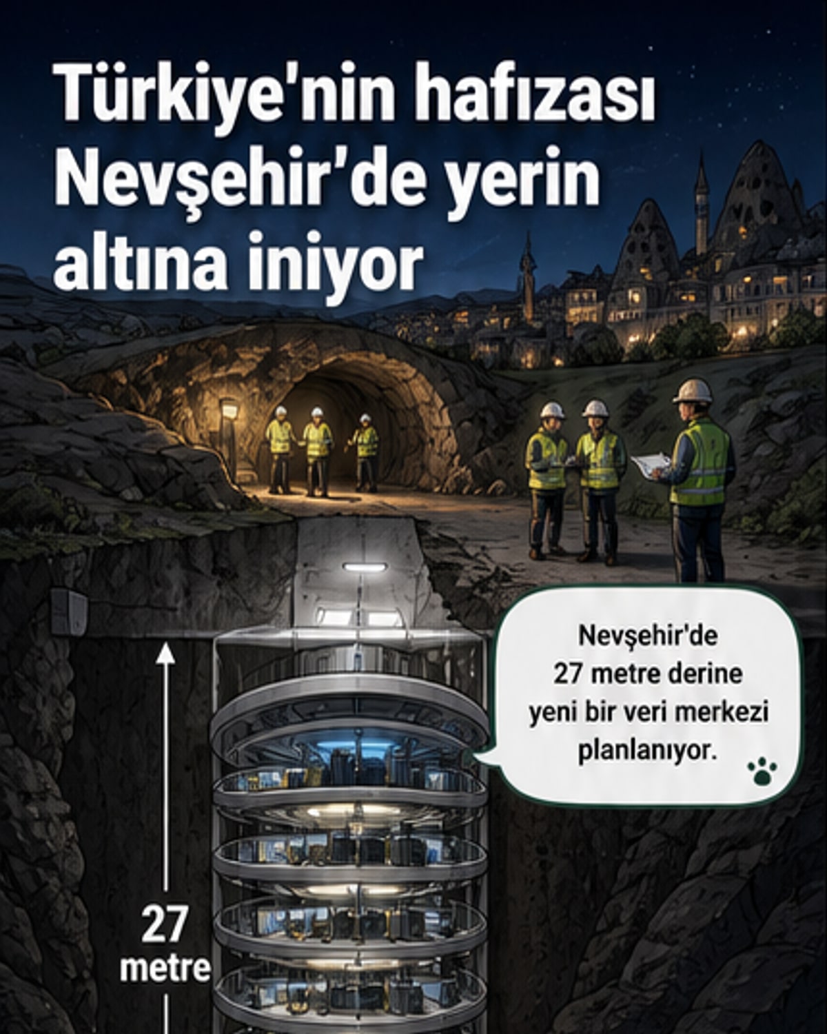 Nevşehir'de inşa edilecek yer altı veri merkezinin sanatsal görseli, dağın altına gömülü modern bir tesis gösteriyor, etrafında dağlık bir arazi ve açık gökyüzü var