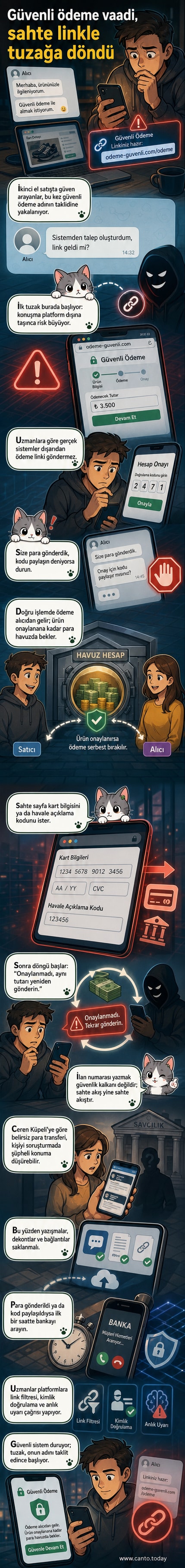 Bir cep telefonunda 'param güvende' sahte ödeme ekranı, kırmızı uyarı işaretleriyle dolu