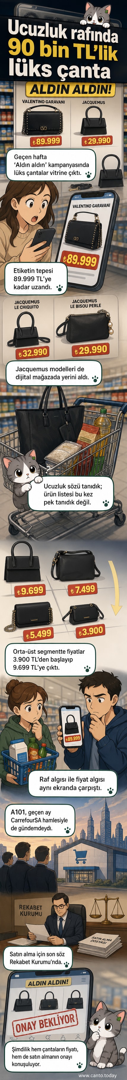 A101 mağazasında vitrinde sergilenen 89.999 liralık Valentino çantası ve 'Aldın aldın' kampanya afişi.