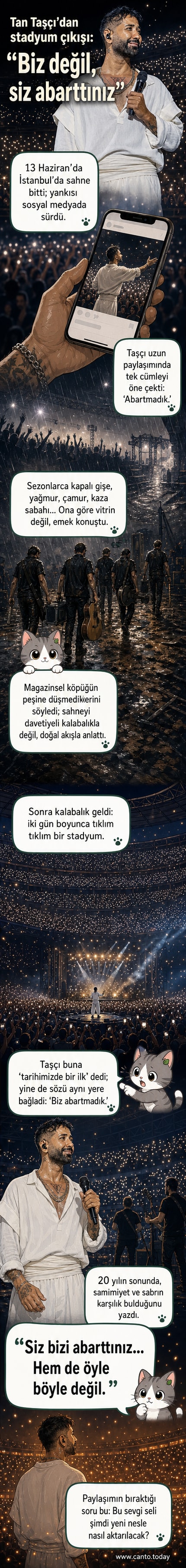 Tan Taşçı, BJK Tüpraş Stadyumu'nda sahne performansı sunarken, kalabalık bir seyirci önünde mikrofon tutuyor.