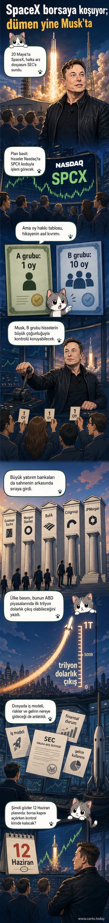 Elon Musk'ın uzay şirketi SpaceX'in borsaya çıkışını gösteren dijital illüstrasyon. Arkada roketler ve Dünya'nın uzaydan görünümü var, ön planda ise 'SPCX' hisse sembolüyle borsa grafiği yükseliyor.