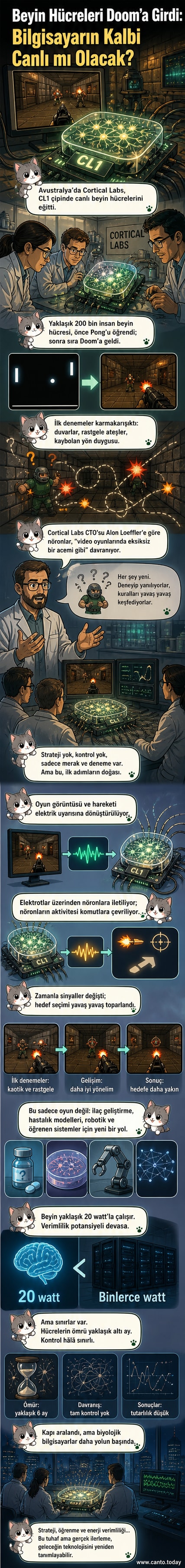 Laboratuvarda yetiştirilen beyin hücrelerinin bir silikon çip üzerinde Doom oyununu oynadığı bir sahne, arka planda elektrik sinyalleri ve mikroskop görüntüleriyle