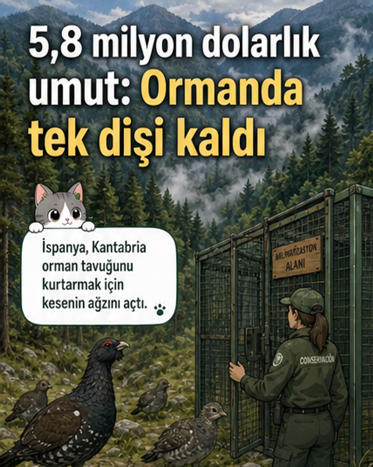 İspanya'da doğaya bırakılan Kantabria orman tavuklarından birinin görseli, ormanlık arka planda.