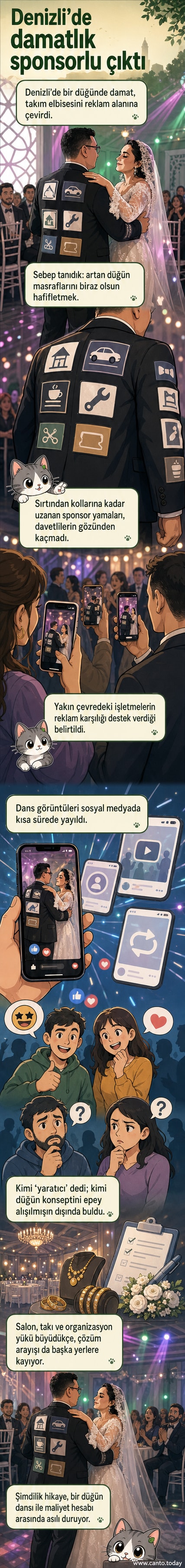 Reklam panosu gibi tasarlanmış bir damat takım elbisesi, düğün sahnesinde kalabalık arasında dans ediyor.