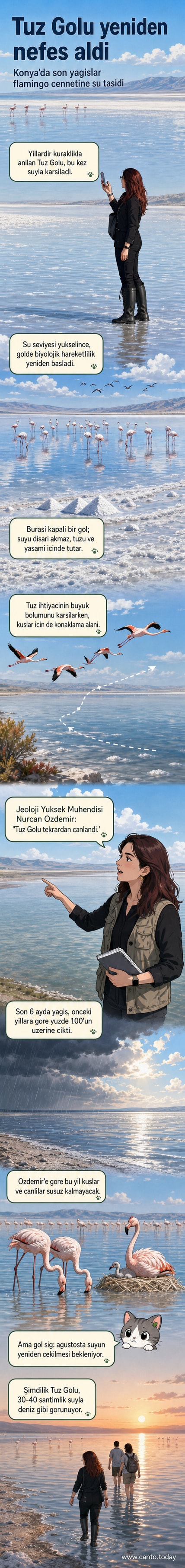 Tuz Gölü'nde su seviyesi yükseldikten sonra flamingoların toplandığı ve turistlerin suya girdiği manzara