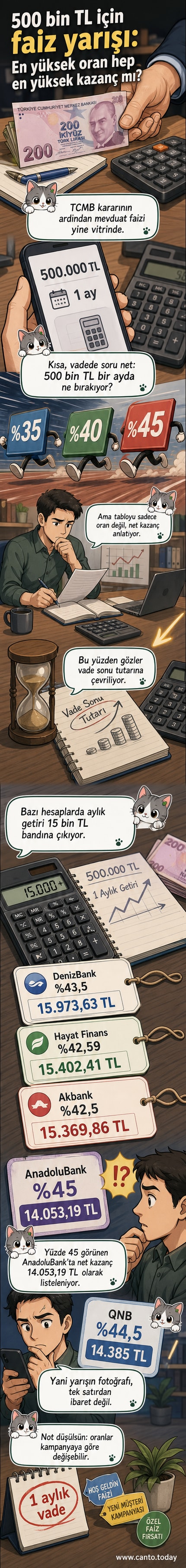 Bir el 500 bin TL tutarında bir mevduat hesabına para yatırıyor, arka planda banka logoları ve faiz oranları yükseliyor.