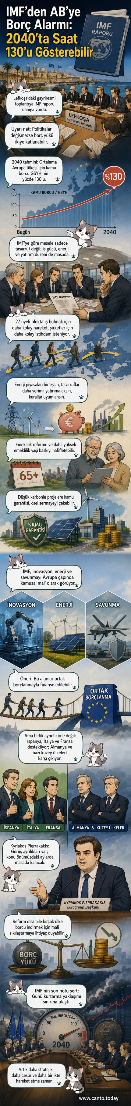 Avrupa Birliği bayrağı önünde yükselen borç grafikleri ve IMF logosu gösteren illüstrasyon