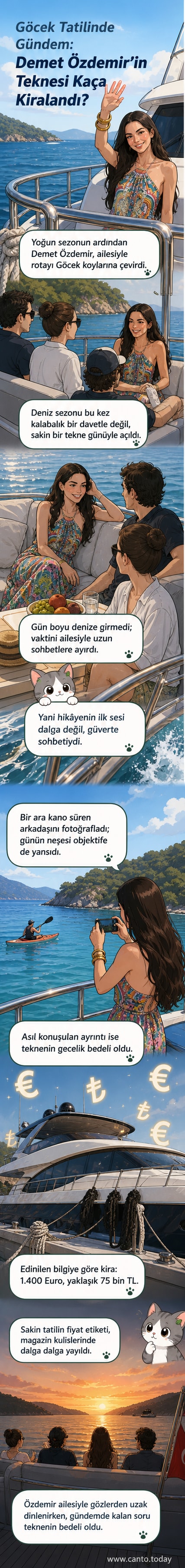 Demet Özdemir, ailesiyle birlikte lüks bir teknede dinlenirken, arka planda Göcek koyları ve mavi deniz görünüyor.