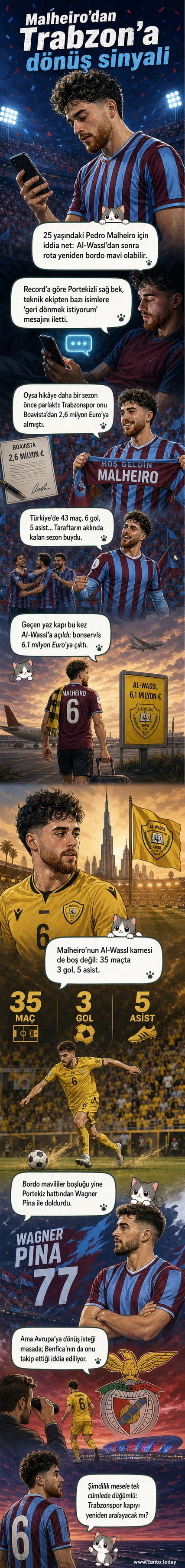 Trabzonspor forması giyen bir futbolcunun sahada topa vurduğu, arka planda taraftar kalabalığı ve stadyum ışıkları olan bir sahne. Üst köşede 'Pedro Malheiro geri mi dönüyor?' yazısı yer alıyor.