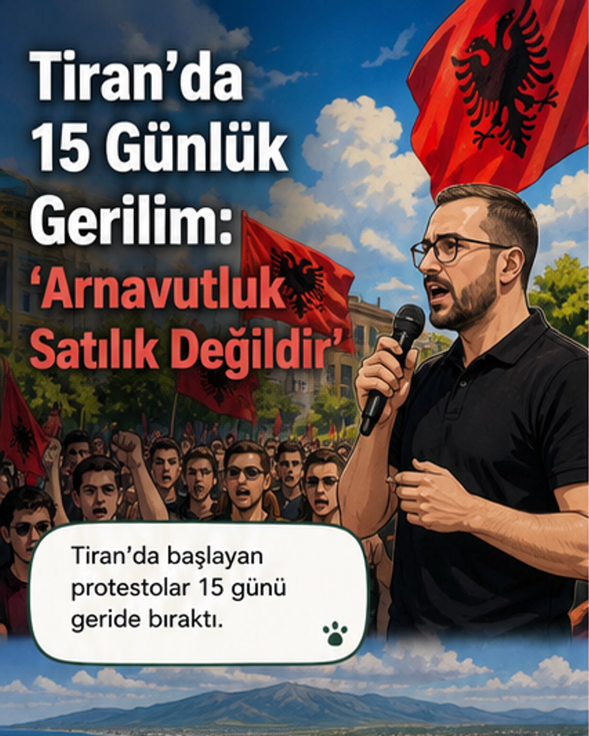 Tiran'da toplanan protestocular, 'Arnavutluk satılık değildir' ve 'İşgalcileri istemiyoruz' yazılı pankartlar taşıyor.