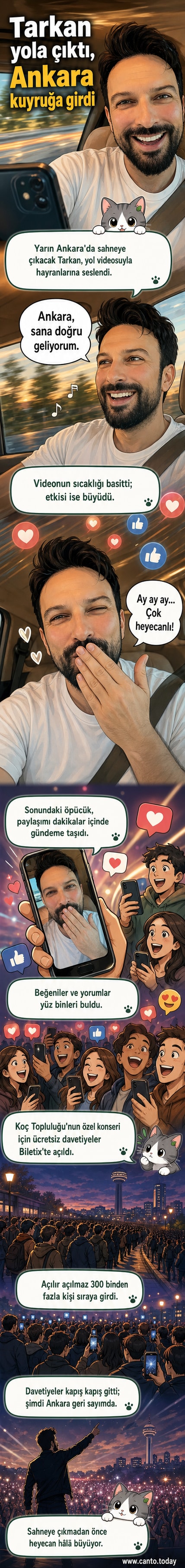 Tarkan'ın araba yolculuğu sırasında cep telefonuyla kaydettiği, hayranlarına seslenirken öpücük gönderdiği anın görsel betimlemesi