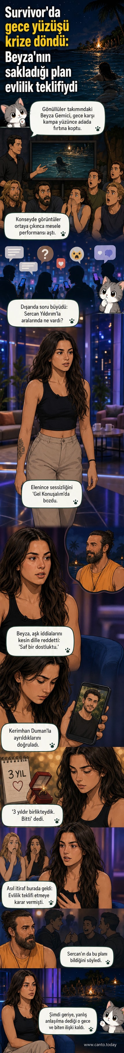 Beyza Gemici, Survivor sonrası bir televizyon programında oturmuş, ciddi bir ifadeyle açıklama yapıyor. Arkada Survivor logosu ve Sercan Yıldırım'ın fotoğrafı yer alıyor.