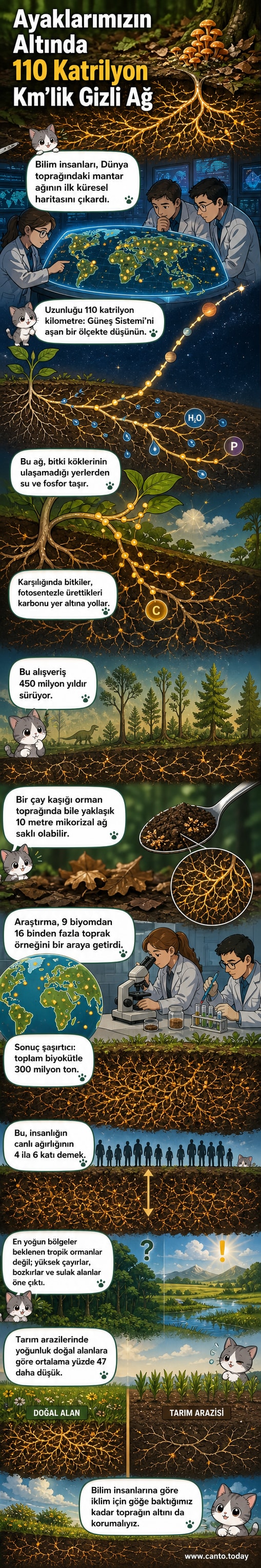 Yer altındaki mikorizal mantar ağının sanatsal bir temsili, ince iplikler halinde yayılmış ve bitki kökleriyle bağlantılı görünüyor