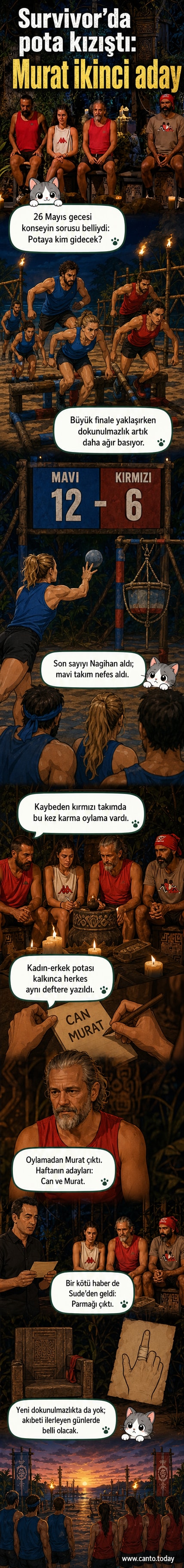 Survivor 2026'da mavi takım dokunulmazlığı kazandı, kırmızı takımda Murat eleme adayı oldu. Sunucu Murat Ceylan, Sude'nin sakatlığı hakkında açıklama yaptı.