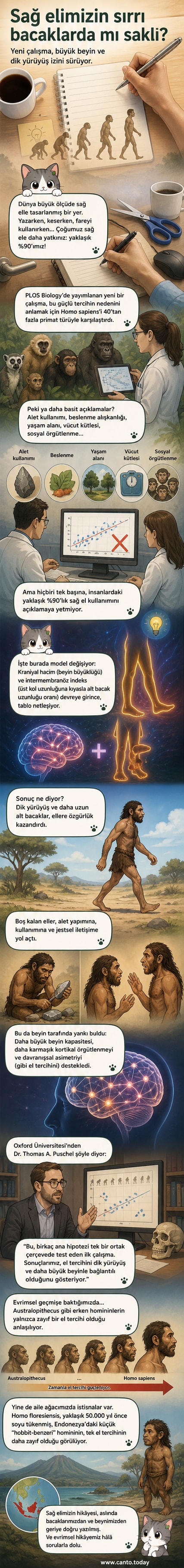 İki siluet figür: soldaki dik yürüyen bir hominin, sağdaki ise alet kullanırken sağ elini öne çıkaran bir modern insan. Arka planda evrimsel geçiş çizgisi.