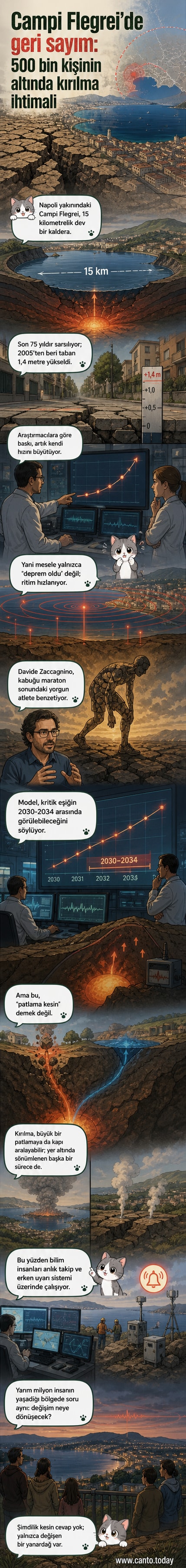 Campi Flegrei volkan bölgesi, yer kabuğunda oluşan gerilimi gösteren bir görsel analizle işlenmiş. Kırmızı bölgeler basınç birikimini temsil ediyor.