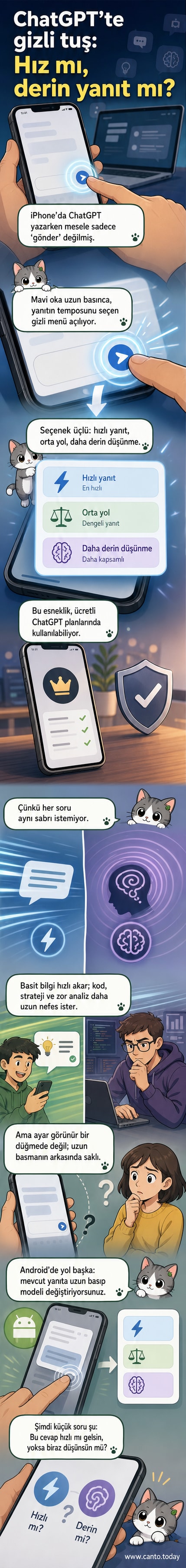 ChatGPT uygulamasında mavi gönder tuşuna uzun basıldığında açılan üç farklı yanıt modu gösteren görsel: anında, orta ve detaylı yanıt seçenekleri.