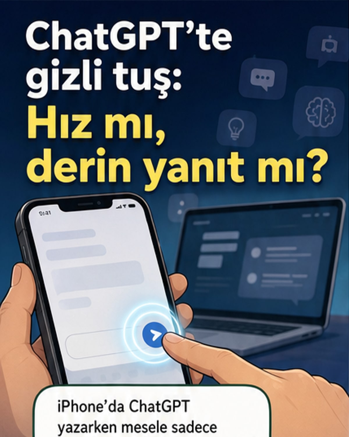 ChatGPT uygulamasında mavi gönder tuşuna uzun basıldığında açılan üç farklı yanıt modu gösteren görsel: anında, orta ve detaylı yanıt seçenekleri.